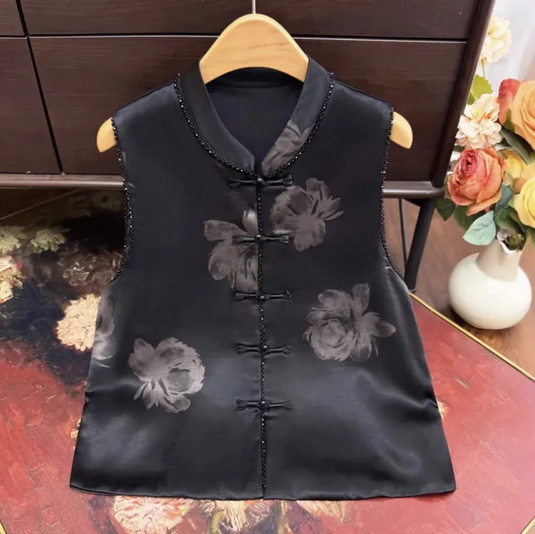 2528中国风宽松型印花立领秋季马夹女植物花卉