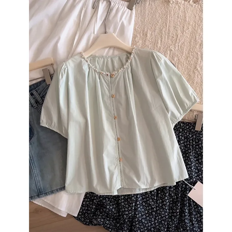 波西米亚风洋气压褶短袖衬衫女夏季设计感宽松显瘦圆领小衫上衣潮