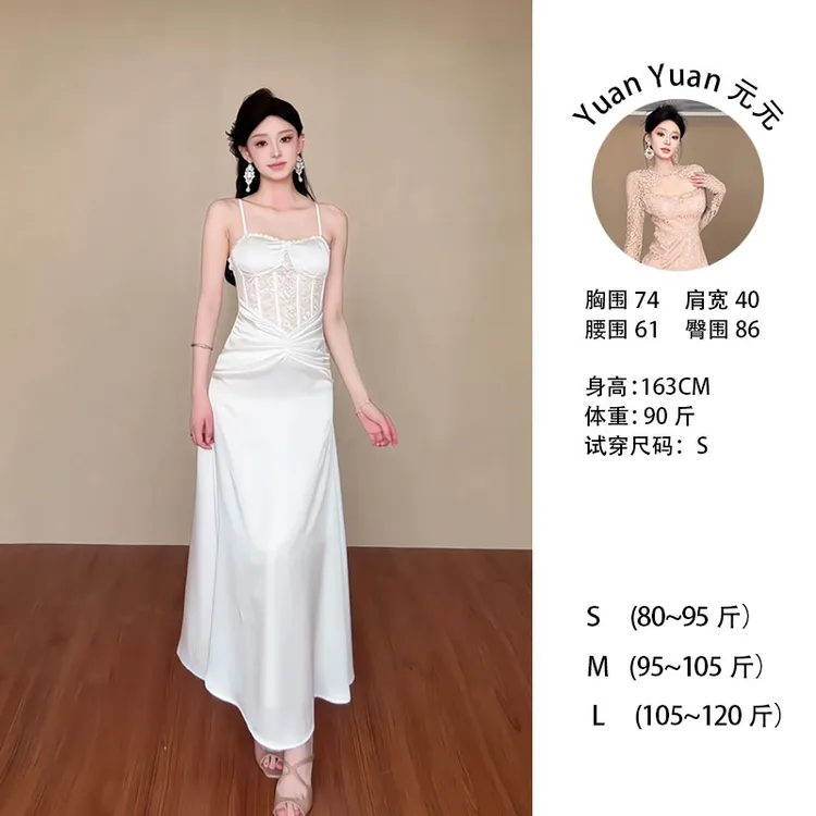 j5/C579 0707-1【Yy】法式褶皱蕾丝拼接连衣裙轻熟风吊带时尚长裙女