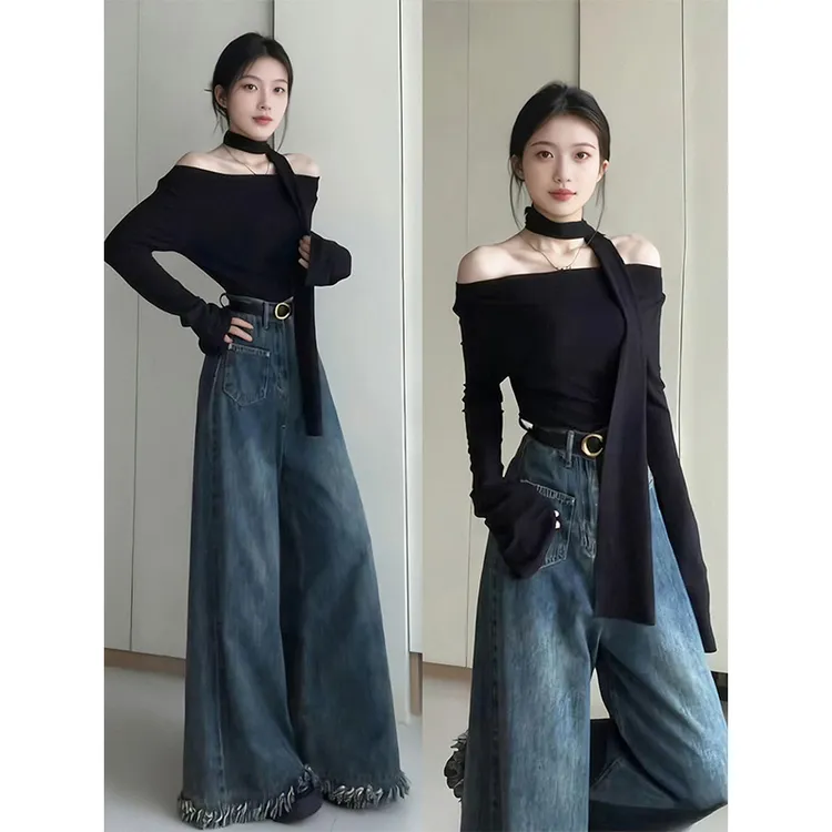 秋日ootd穿搭一整套韩系独特好看飘带露肩T恤上衣阔腿牛仔裤套装