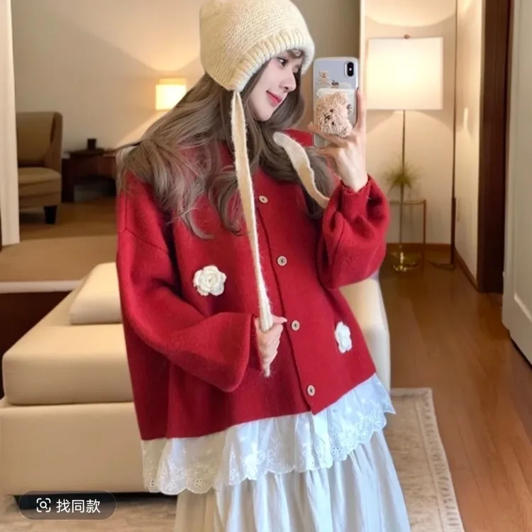 大码法式复古小香风拼接蕾丝毛衣女秋季胖mm宽松显瘦开衫针织2521