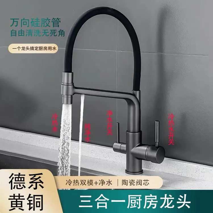 德国全铜厨房水龙头冷热洗菜盆水槽万向旋转抽拉式三合一净水龙头