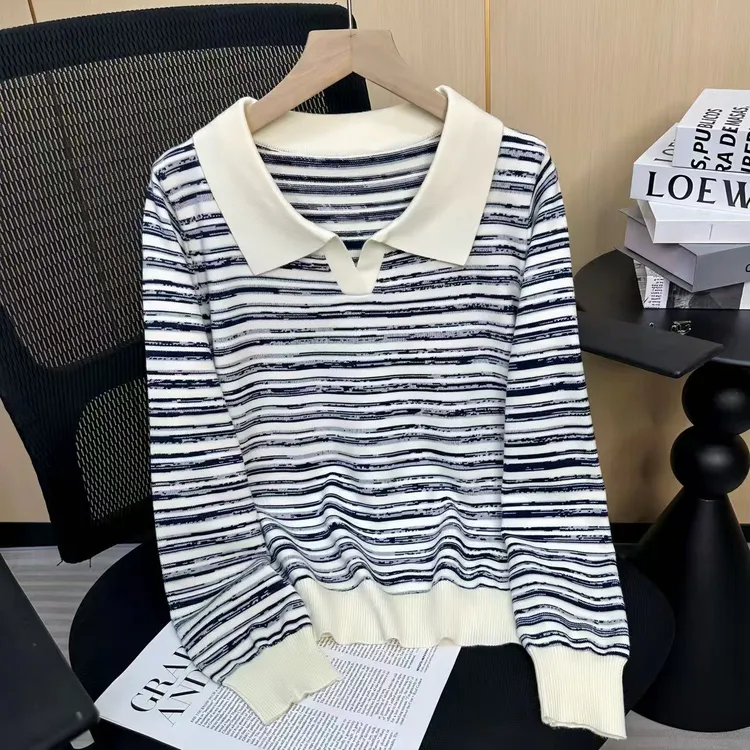 polo领段染纹长袖针织衫女上衣秋季新款韩版宽松超好看翻领毛衣