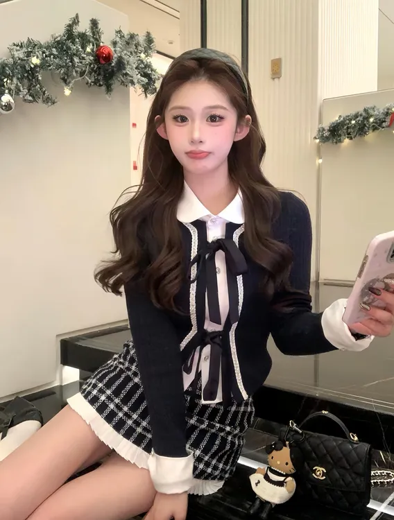 【巴黎香香】秋冬纯欲假两件蝴蝶结设计感绑带长袖上衣百搭半裙套装