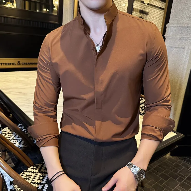 HKYC中式立领衬衫男长袖韩版修身时尚商务休闲百搭痞帅衬衫2025
