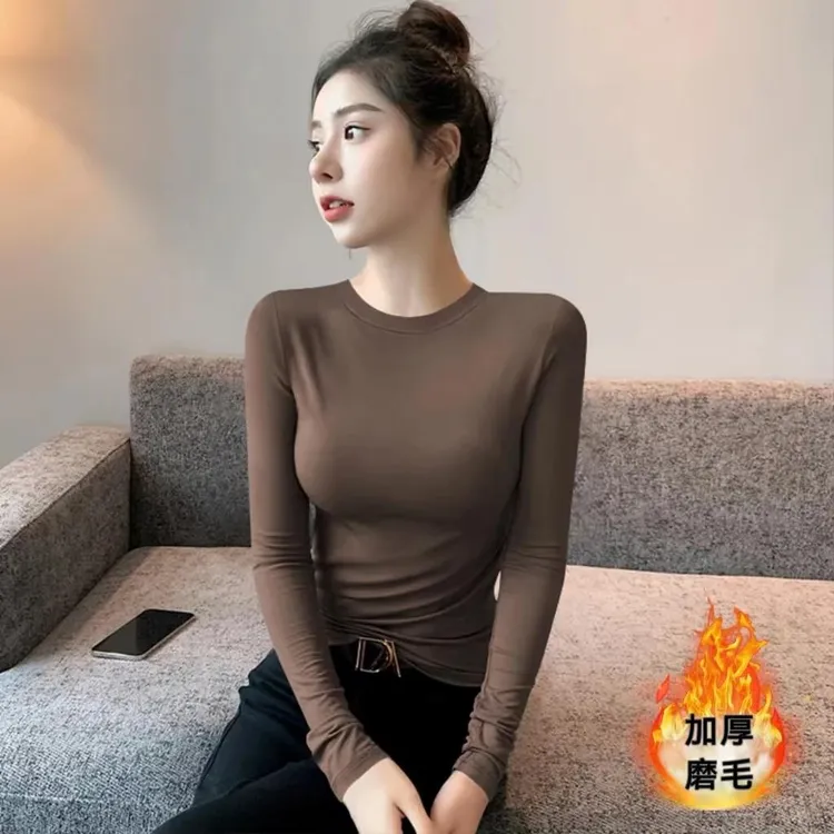 莫代尔棉秋冬圆领大码保暖薄绒打底衫t恤女纯色内搭百搭长袖上衣