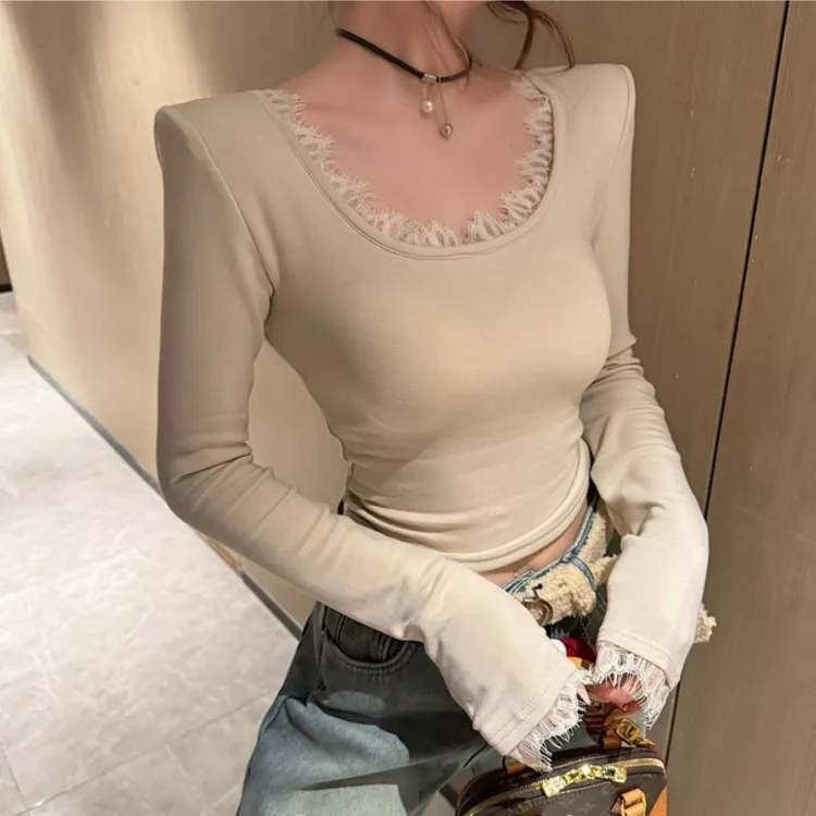 冬季新款韩版高级感U领加绒磨毛内搭加厚打底衫T恤辣妹显瘦上衣