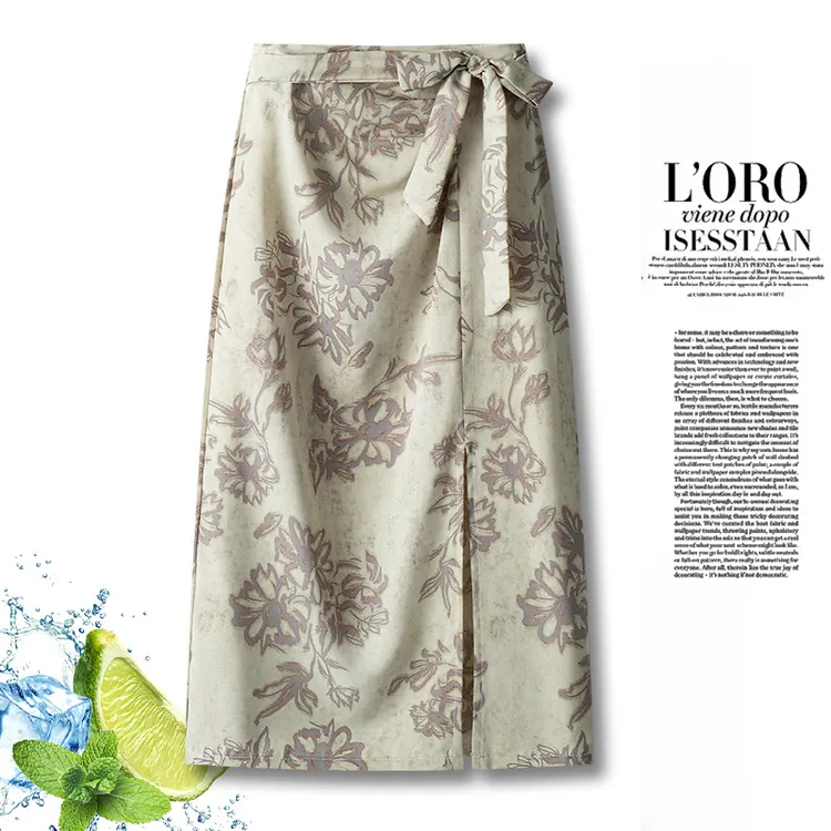 水墨印花半身裙女夏季2025新款气质开叉绑带中长款直筒一步包臀裙