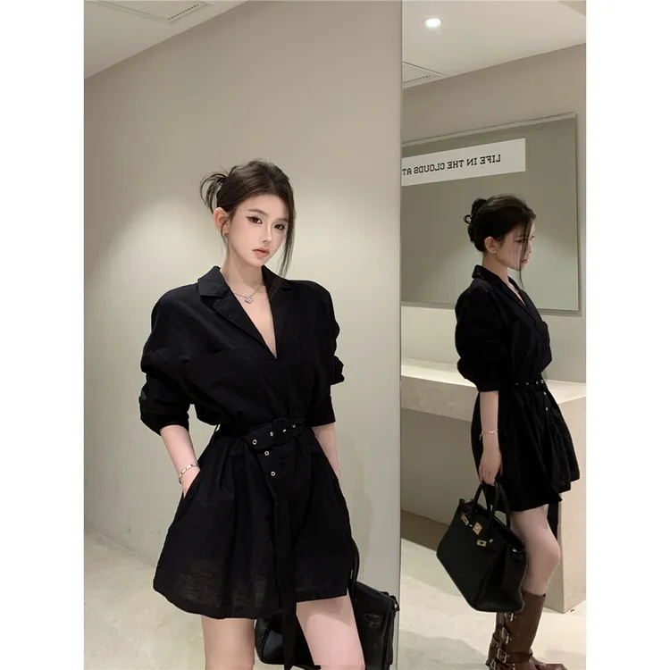 复古性感小西装领衬衫连衣裙女长袖收腰显瘦A字裙配腰带气质高腰