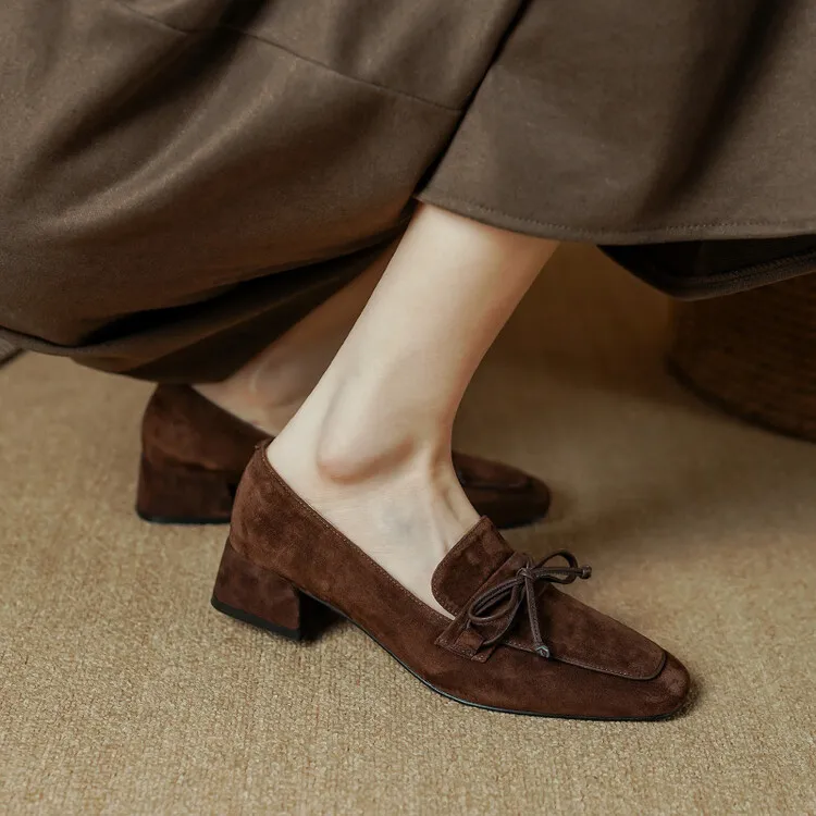 羊猄皮~3.5cm中跟粗跟方头乐福鞋简约复古蝴蝶结软底真皮工作单鞋