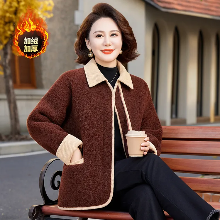 中年妈妈冬装加绒加厚颗粒绒棉衣大码中老年女秋冬宽松棉袄外套