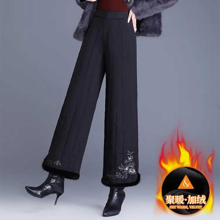 夹棉加厚保暖棉裤复古绣花阔腿裤2025冬季时尚竖条纹宽松直筒裤女