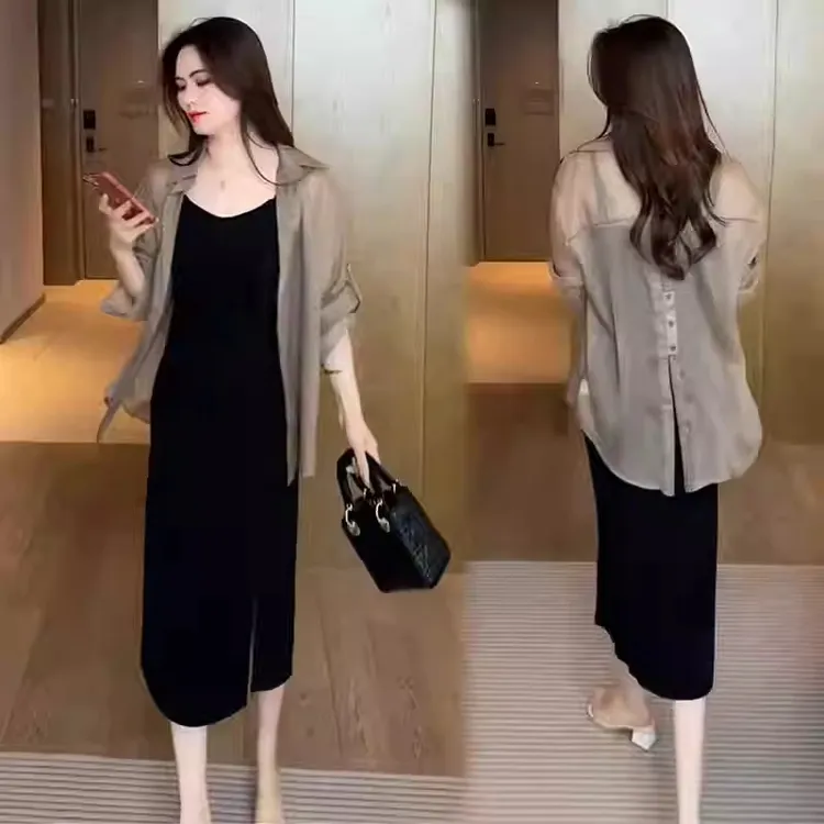 时尚洋气套装裙女2025夏季新款气质显瘦防晒开衫吊带连衣裙两件套