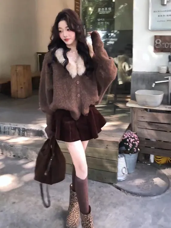 毛领软糯针织开衫女森系小香风气质百搭小个子毛衣外套高腰半身裙