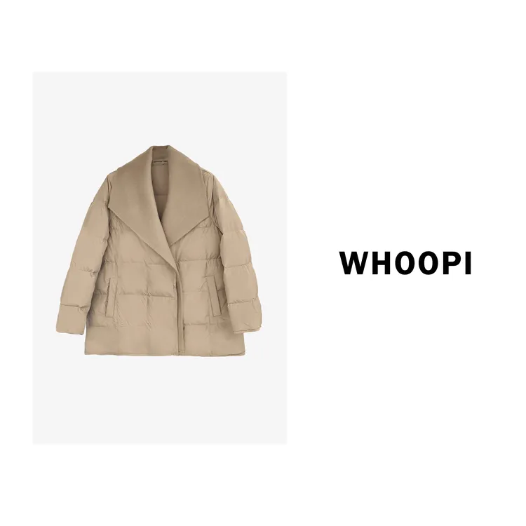 【Whoopi】【时髦入冬】高级感大翻领拼接90白鸭绒中长款羽绒服配腰带