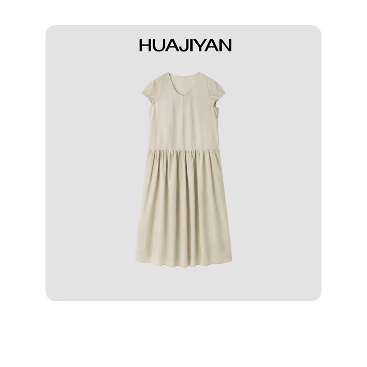 华吉言/HUAJIYAN【牧园】天丝棉混纺隐形拉链U领小飞袖连衣裙