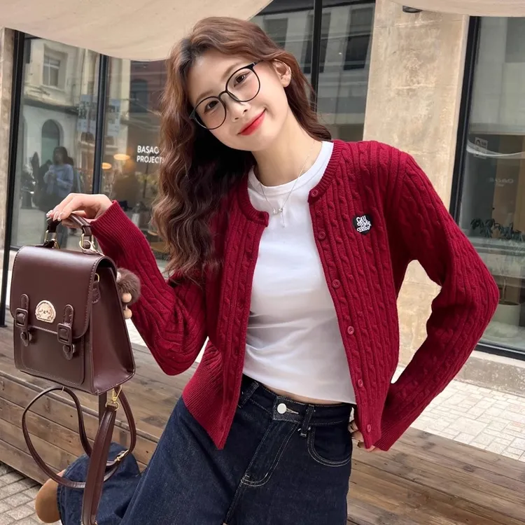 红色针织开衫外套女装2025春秋季新款外穿高级感毛衣刺绣独特上衣