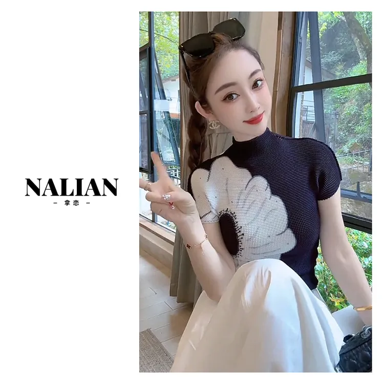 Nalian/拿恋豆子大花朵撞色半高领褶皱T恤显瘦短袖洋气  DZ98008