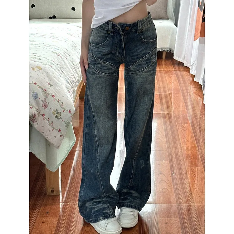 美式复古低腰大码微喇牛仔裤女秋季新款辣妹显瘦不贴腿直筒长裤子