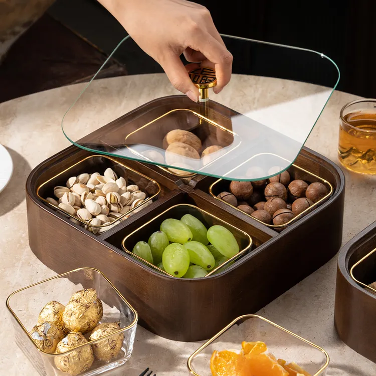 客厅家用干果盒过年瓜子糖果茶几木质坚果零食收纳水果盘茶点中式