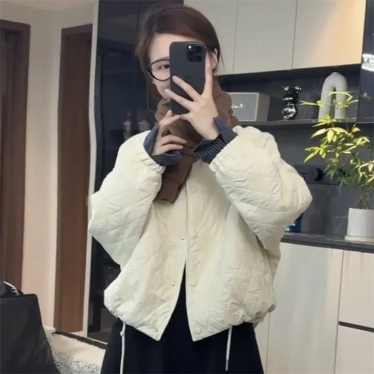 袖口格子拼接圆领菱形设计棉服外套女2025秋冬新款小个子棉衣上衣