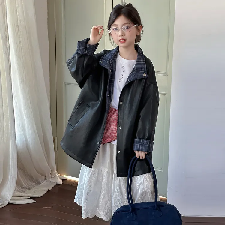 【嘻嘻柚】女童秋款双面穿格子皮衣外套2025秋冬韩系中长款夹克外套