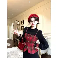 现货一生罗曼【礼物】法式复古设计感假两件格纹上衣长袖衬衫Y5691