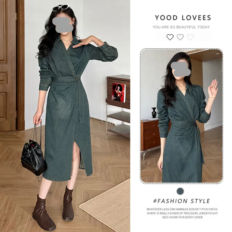 韩版高级感翻领牛仔裙子女2025春秋新款复古气质显瘦收腰连衣裙