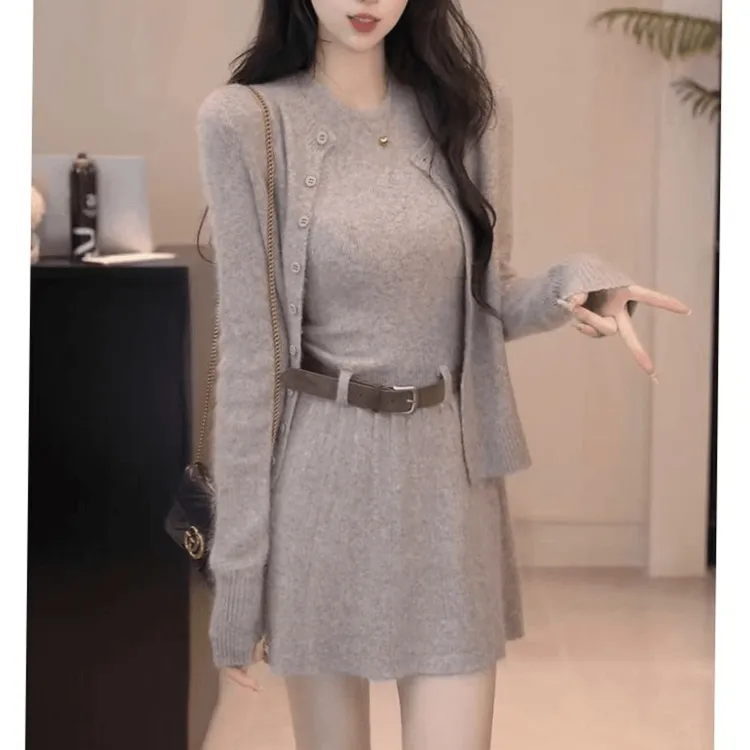 【北雁南飞】气质针织开衫+背心连衣裙两件套女装