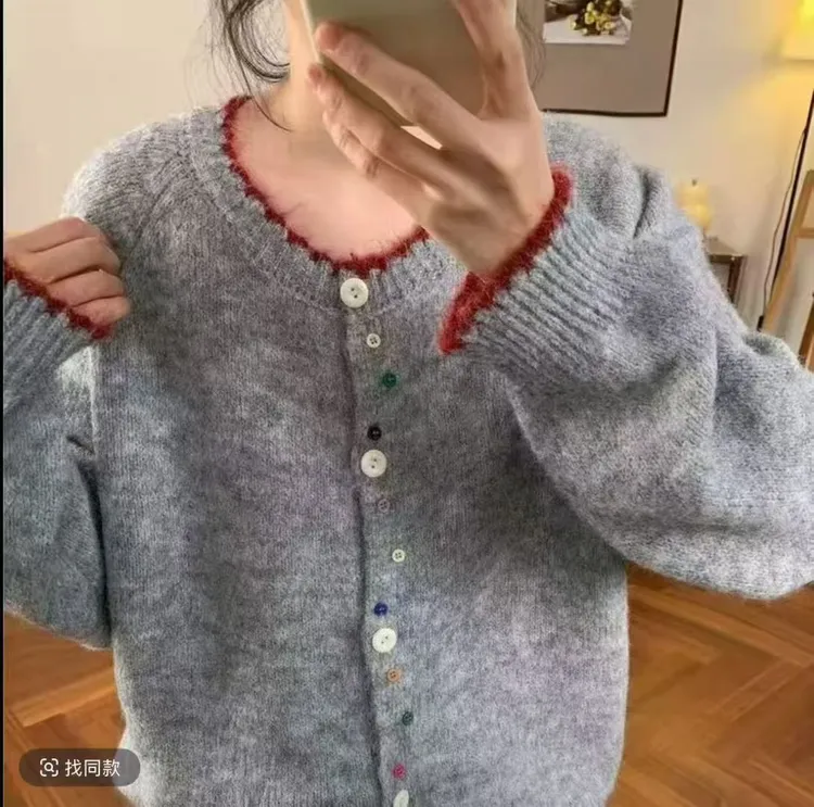 【原版纱线】韩版彩扣撞色软糯百搭针织开衫秋冬季新款宽松圆领毛衣
