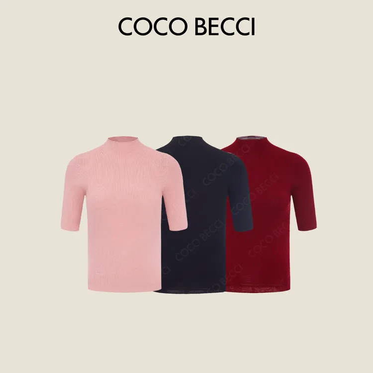 COCO BECCI 100%精纺羊毛半高领百搭显瘦短袖针织衫CFXYC232089