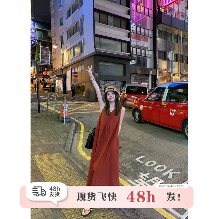 陳文文xenl【贝微微】夏季新款极简风无袖v领气质连衣裙红裙女L0141