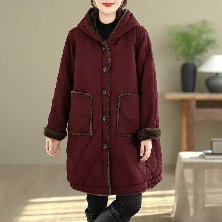  一件过冬女士夹棉加绒拼接连帽宽松棉服纯色口袋款中长棉衣Q87