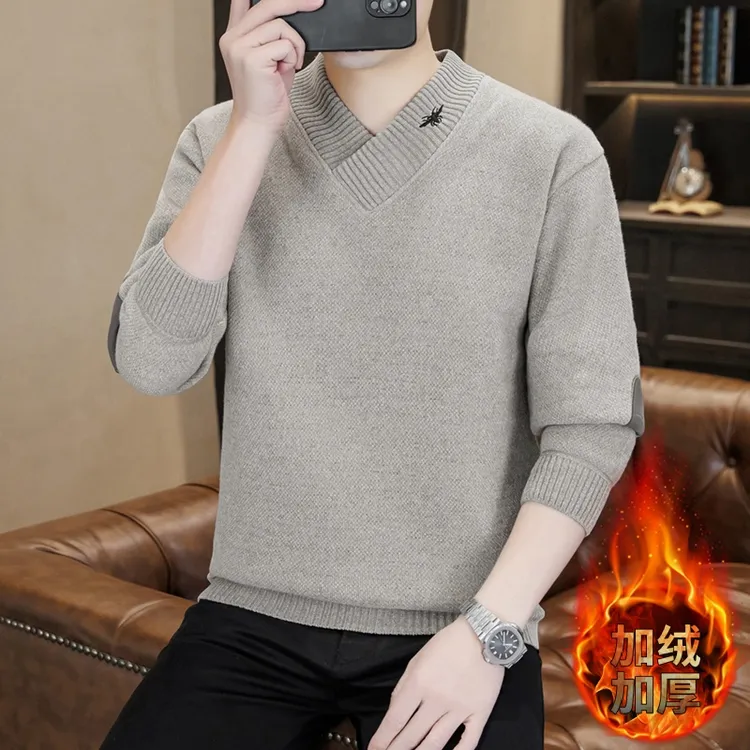 高档V领加绒加厚针织衫毛衣男士秋冬时尚保暖打底衫男装M25169