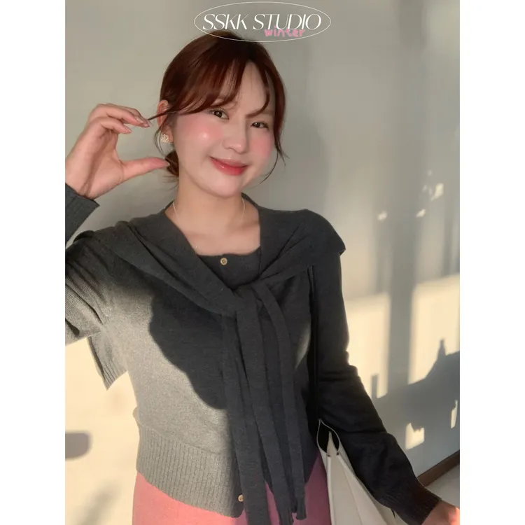 KMZY/KMZY山_山【韩味极简】微胖韩系简约毛织开衫+披肩两件套套装