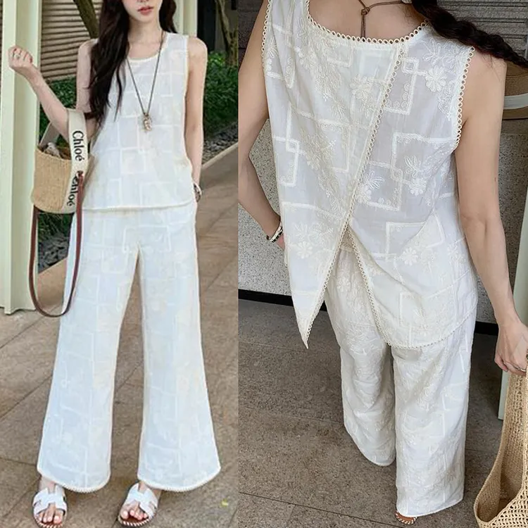 重工盘花刺绣开衩背心+微喇九分裤两件套女2025夏季新款时尚套装