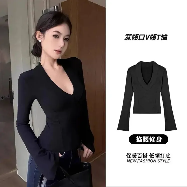 印像家宽领口V领T恤掐腰修身保暖百搭可外穿内搭高冷酷飒