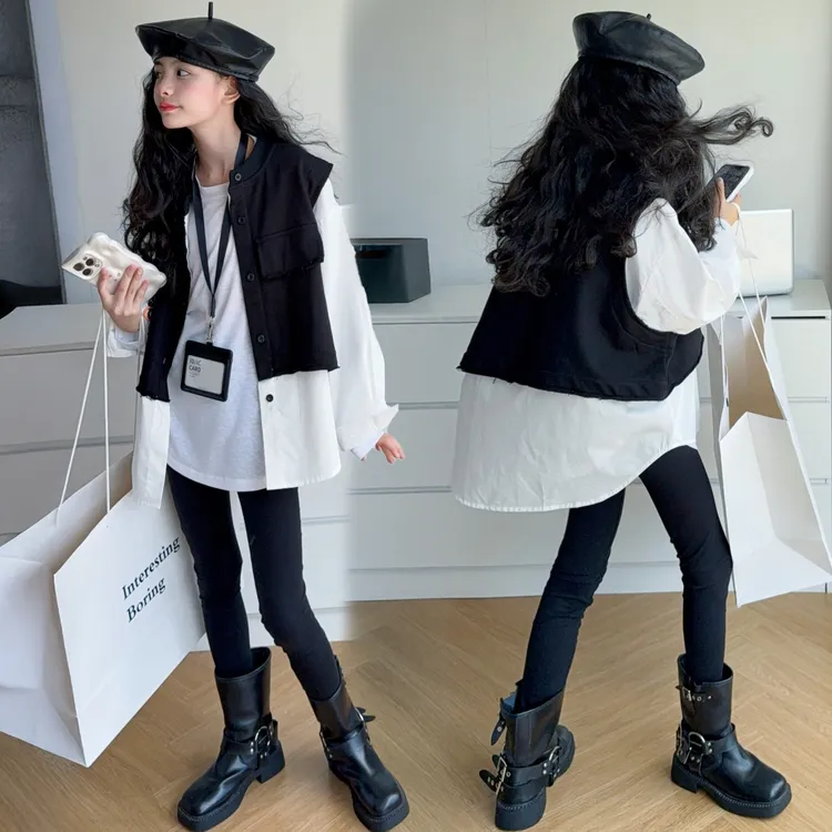 儿童秋装女童衬衣假两件上衣春秋修身打底裤休闲套装2025新款