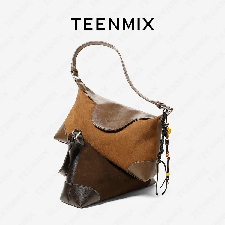 天美意2025新款简约百搭牛皮反绒单肩斜挎包通勤大容量hobo包包女