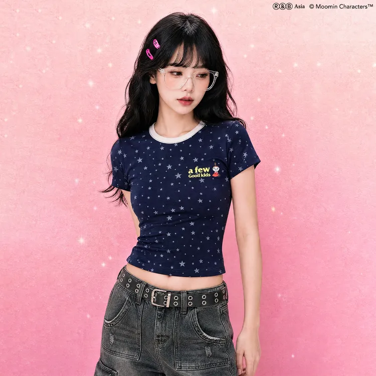 AFGK x Moomin姆明联名满印星星女装短袖圆领短款T恤夏季修身T恤
