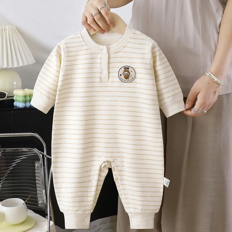 （羊毛蚕丝）婴幼儿秋冬新款无骨条纹连体衣宝宝哈衣外出家居爬服