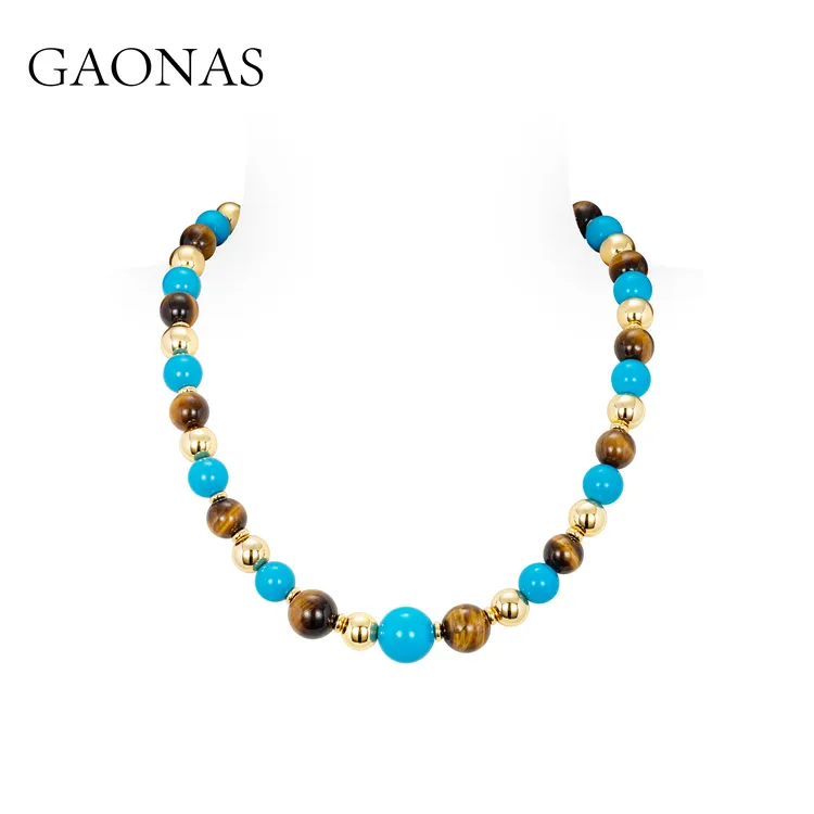 GAONAS时尚度假风贵气12mm金色珠项链11616XGO