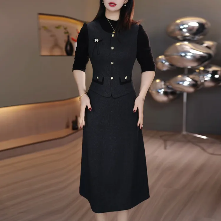 轻奢时尚加厚假两件连衣裙女2025秋冬气质减龄修身显瘦中长款裙子