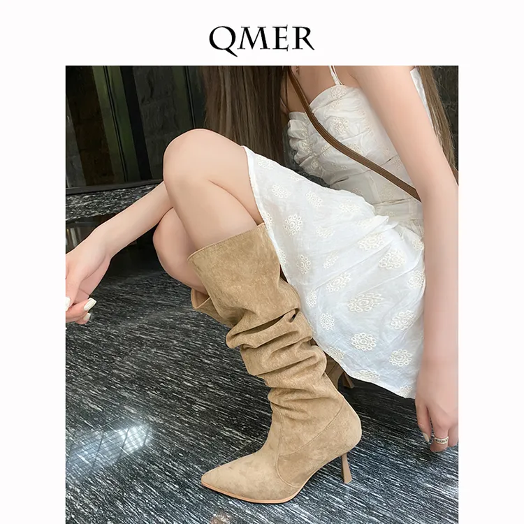 秋美儿Qmer 大筒围高跟磨砂尖头堆堆靴女细跟真皮长筒过膝粗腿夏