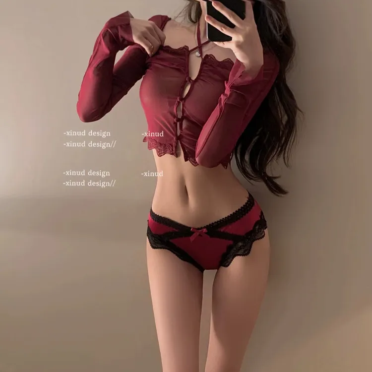 【MZ】新年红色性感丝滑蕾丝撞色纯欲女士薄款三角裤镂空