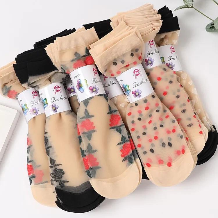 超薄夏季女士高颜值薄款丝袜水晶袜子防勾丝织花中老年中筒袜棉底