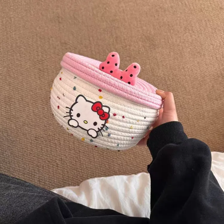 【KT小铺】新款Kitty可爱棉线手工编织收纳筐卡通创意桌面杂物收纳