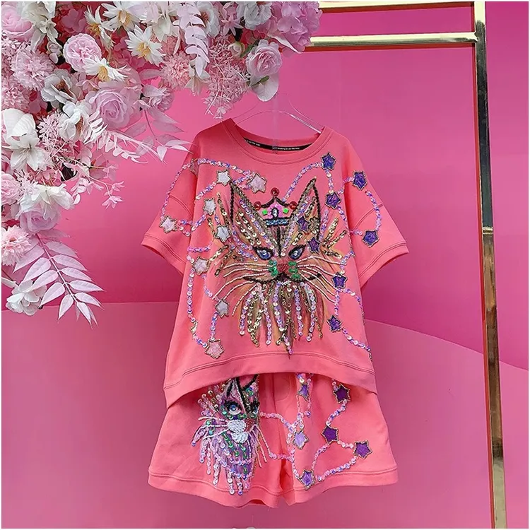 QD1393欧美设计师2025夏季新款重工刺绣亮片手绘猫咪短袖休闲套装