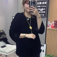 岩岩家重工串珠丝绒中长款显瘦女上衣2138