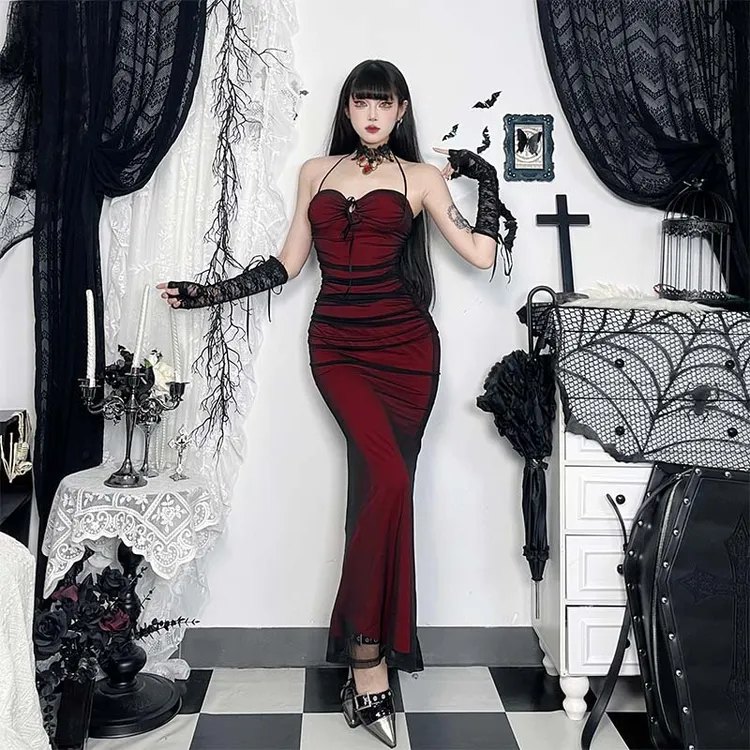 万圣节战袍 御姐风挂脖网纱拼接连衣裙2025新款气质修身包臀长裙
